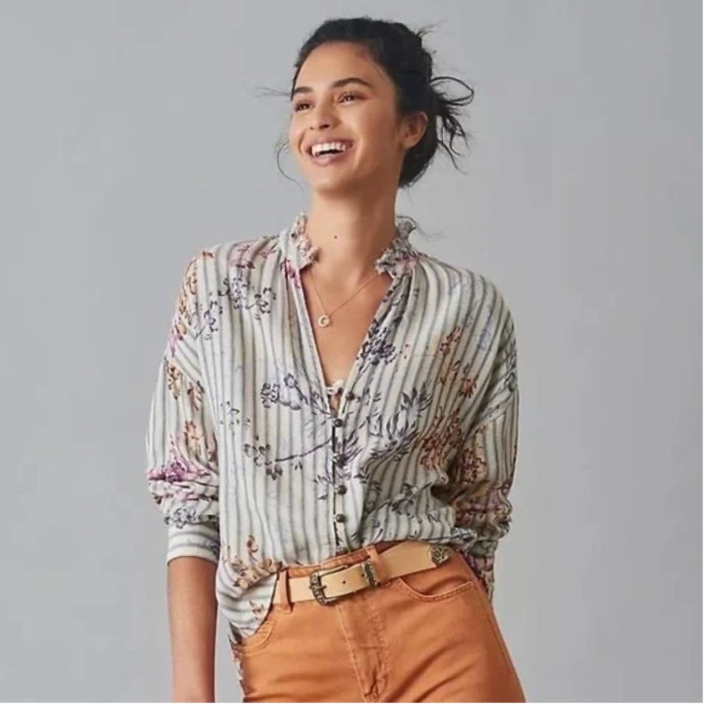 Pilcro Anthropologie Floral Striped Shirt Tavi Ruffled Button Down